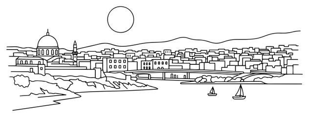 Middle Eastern coastal city skyline with dome and bridge in minimal line art style © Logan