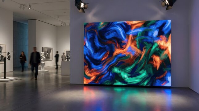 Large digital LED screen displaying abstract swirling colorful patterns in a modern art museum gallery with motion-blurred visitors walking past sculptures and framed art.