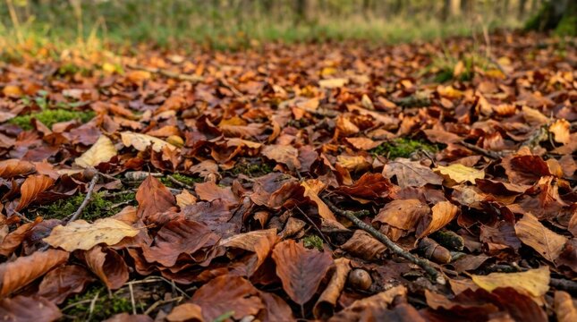 Low-angle shot of a dense carpet of fallen russet and deep brown beech leaves covering the forest floor during autumn with scattered beech nuts, twigs, and moss in a woodland.