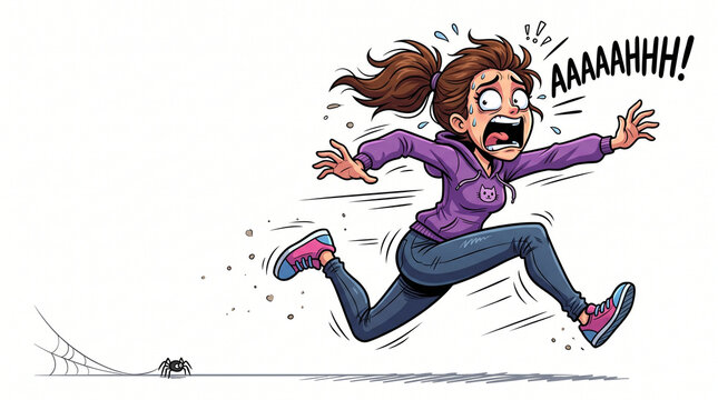 Panicked Cartoon Woman Screaming and Running Away from a Tiny Spider Illustration