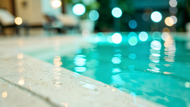 Serene luxury spa pool edge with vibrant turquoise water and soft bokeh