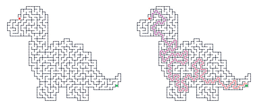 Solved dinosaur maze puzzle with solved path 