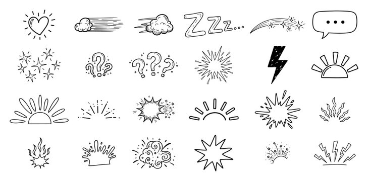 Comic book icons and expressive doodle elements set in hand drawn style