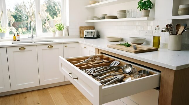 Modern kitchen with open drawer and utensils, bright and airy interior design