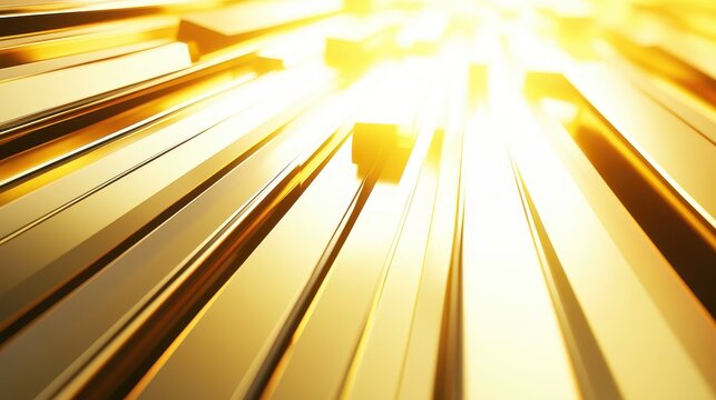 Abstract gold metallic bars bathed in bright, warm sunlight creating a luxurious, gleaming surface for financial or modern design concepts.