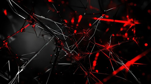 Abstract digital network under cyber attack with red glowing breach points and white connection lines.