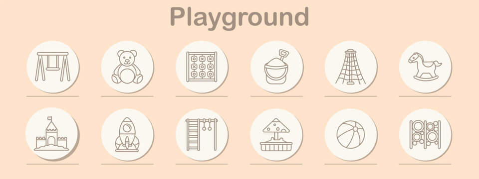 Playground set icon. Line symbols depict swing, teddy bear, tic tac toe board, bucket toy, climbing tower, rocking horse, castle, rocket, ladder bars, carousel, beach ball, tunnel climber