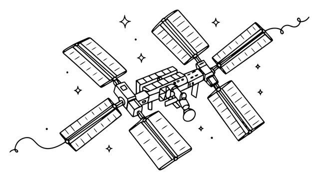 International Space Station ISS with large solar panels orbiting in space in minimalist line art style