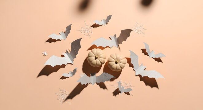 Broken Halloween pumpkin with scattered candy and flying bats on pink background