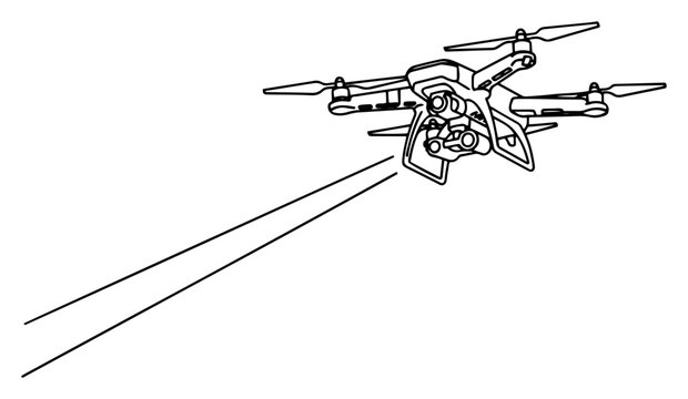 Surveillance drone flying with camera laser beam in technical line art style