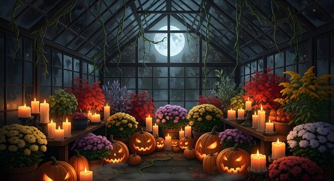 Halloween pumpkin display with glowing jack-o-lanterns and autumn flowers in rustic greenhouse at night