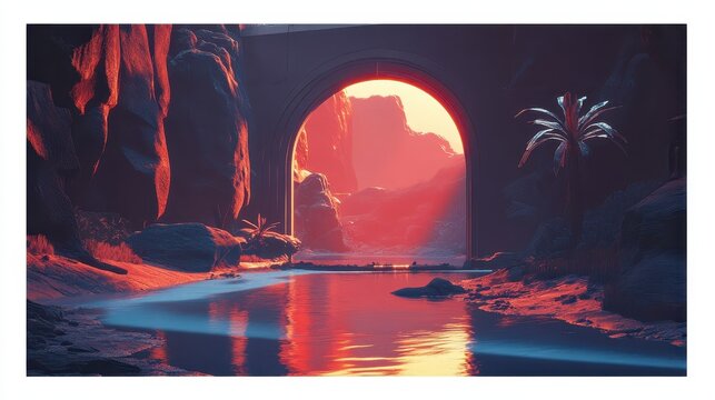 An illuminating archway reveals a vast, alien desert landscape at sunset, with a tranquil water body reflecting the vibrant sky.