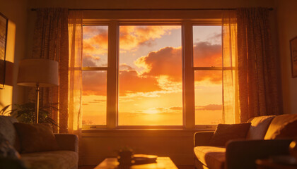 Fototapeta premium Warm sunset light fills cozy living room with soft curtains and comfortable sofa creating surreal pet portrait humor mood