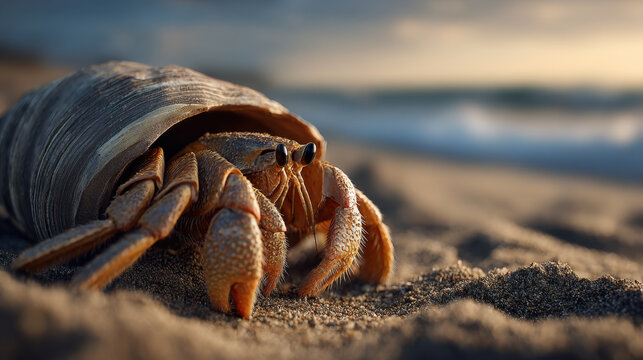 Hermit crab crawling out of old cracked shell on sandy beach at sunset, close up with soft waves and warm light
