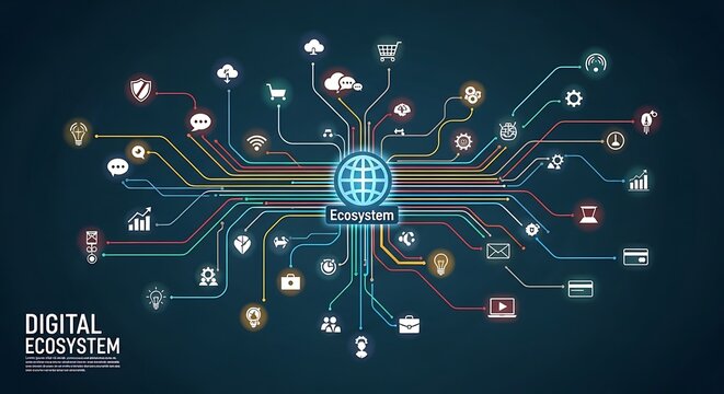 Digital technology ecosystem with interconnected devices and data flow.