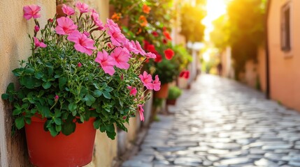 Fototapeta premium Charming Seaside Town Street Lined With Pink Flowers Bathed in Warm Sunlight