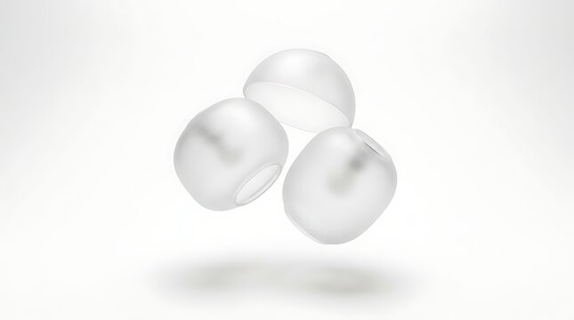 Three white rounded dome shaped light diffusers floating in air studio lighting equipment for photography and video