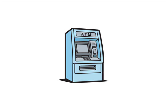 Vector illustration of a blue automated teller machine or ATM terminal. Banking, finance, cash withdrawal, money transaction, and economy concept isolated on white background.