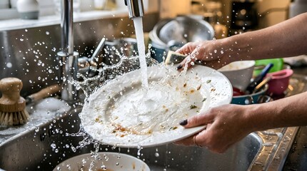 Fototapeta premium Washing dirty plate, domestic life, kitchen sink, splash of water.