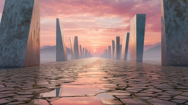 Stone path with vertical monoliths leading to sun at sunset. Surreal landscape with pathway and tall pillars. Conceptual scenery representing journey, goal, success and future vision.