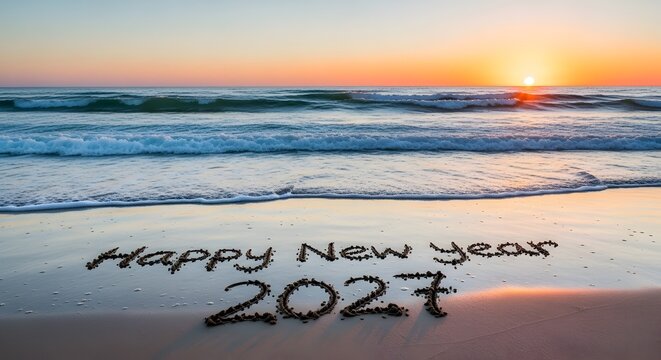 New Year 2017 celebration message written in sand at sunset beach with ocean waves