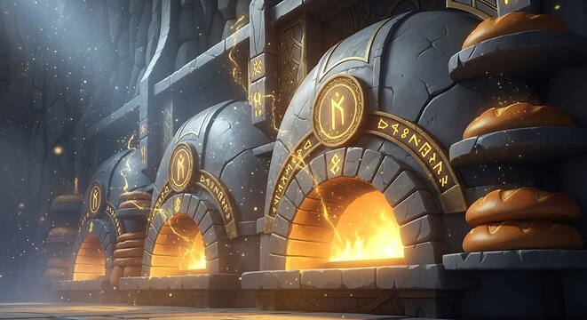 Ancient stone bakery ovens glowing with magical runes and warm firelight in a mystical fantasy kitchen setting with freshly baked loaves of bread on stone shelves