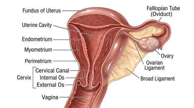 Sagittal Section of the Uterus and Adnexa: Fundus, Uterine Cavity, Endometrium, Myometrium, Perimetrium, Cervical Canal with Internal and External Os, Vagina, Ovary, Ovarian Ligament and Fallopian Tub