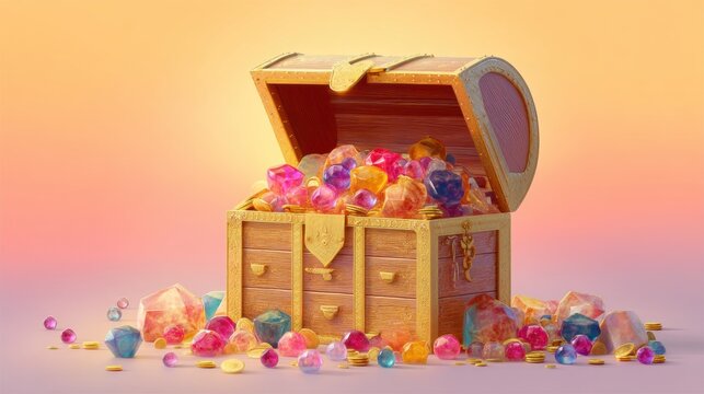 Open wooden treasure chest overflowing with sparkling colorful gemstones and golden coins. Pirate wealth and abundance concept. Fantasy adventure loot for game design or marketing material.