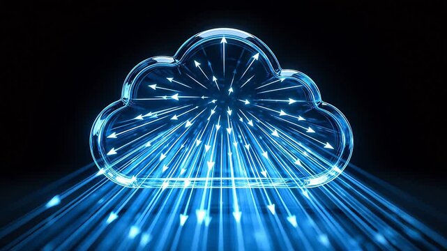 Cloud computing concept with white arrows radiating from transparent shape