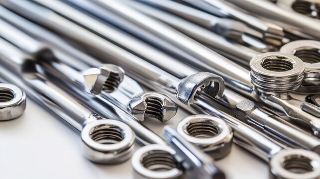 Close-up view of various industrial maintenance tools and fasteners made of polished metal