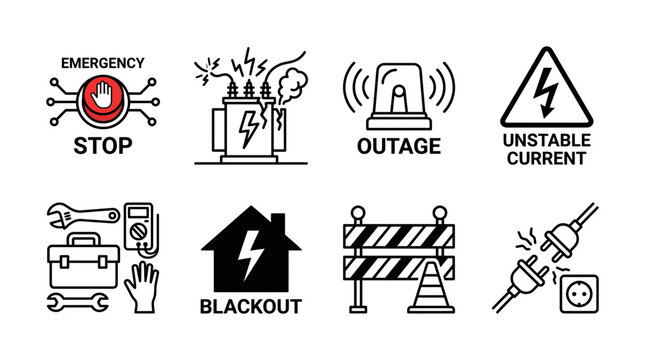 Set of electrical hazard and power failure icons