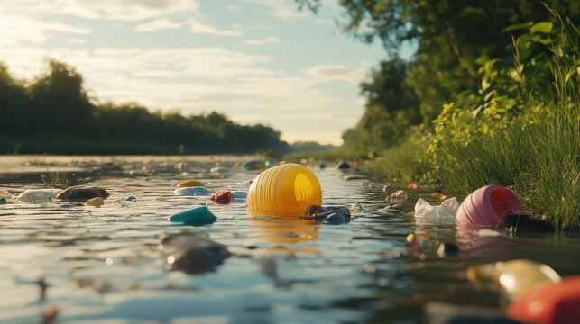 Colorful Plastic Debris Floating on the Surface of a Polluted River Near Lush Green Banks