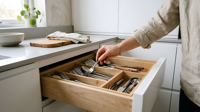 Person organizing cutlery drawer in modern minimalist kitchen.