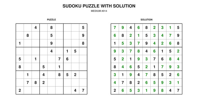 Sudoku Puzzle with Solution, Printable Logic Game, Medium Level #014
