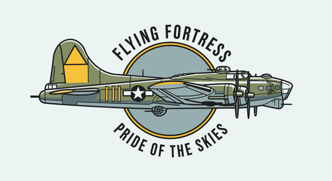Vintage B-17 Flying Fortress bomber aircraft emblem design.
