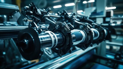 Naklejka premium Close-up view of intricate industrial machinery in operation, showcasing precision engineering and advanced technology