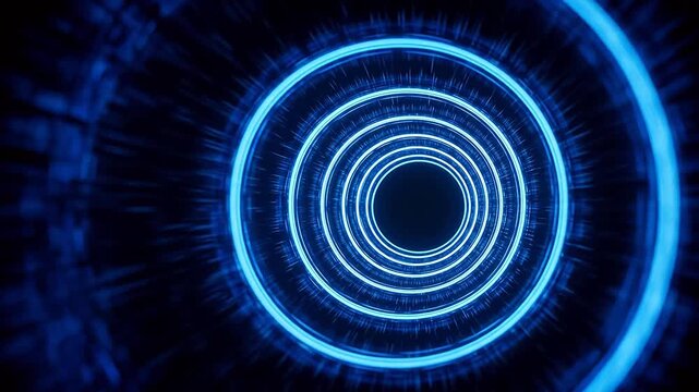 Abstract futuristic blue circular tunnel with concentric rings and depth