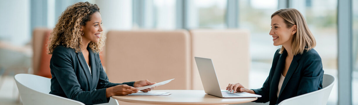 Business Meeting Synergy: Two professional women in a modern office engage in a productive discussion, one reviewing documents while the other works on a laptop.