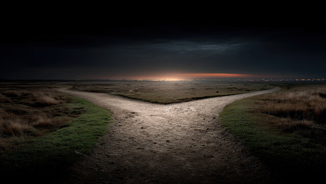 Fork path night landscape dirt trail grass field horizon glow dark sky rural scene direction choice split path open plain