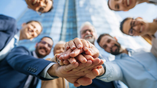 Unity in Business: A diverse group of business professionals from different generations and backgrounds join hands in a circle, symbolizing trust, cooperation.