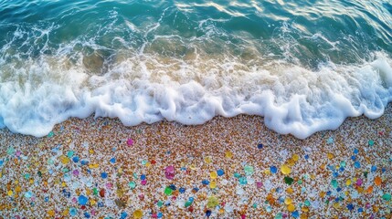 Obraz premium Close-up of a vibrant, colorful beach shore with gentle waves and detailed textures, showcasing natural light on a summer day.