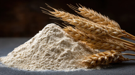 Obraz premium Flour pile with wheat grain on dark surface, rustic baking ingredient still life