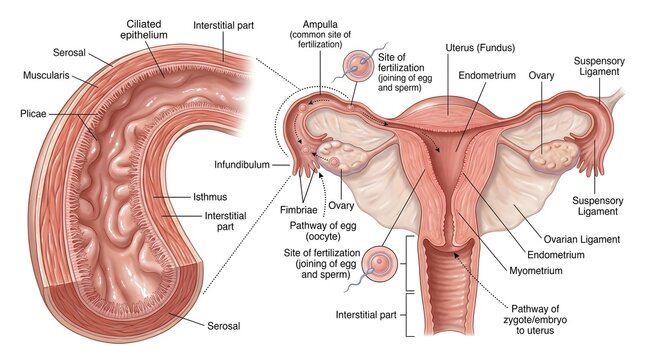 Fallopian Tubes and Uterus: Structural and Functional Overview Showing Infundibulum, Ampulla, Isthmus, Interstitial Part, Uterine Cavity, Endometrium and Ovaries with Sites of Fertilization and Early 