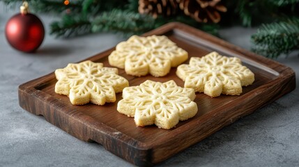 Fototapeta premium Delicate Snowflake Christmas Cookies Arranged on a Rustic Wooden Tray