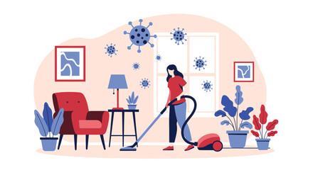 Fototapeta premium Woman cleaning living room floor with vacuum cleaner during virus outbreak with germs in air concept for hygiene and safety measures against contagion at home.
