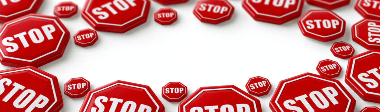 Circle of Red Stop Signs: A digital collage of numerous red hexagonal stop signs, creating a restrictive border around a blank white space, symbolizing prohibition and boundaries.