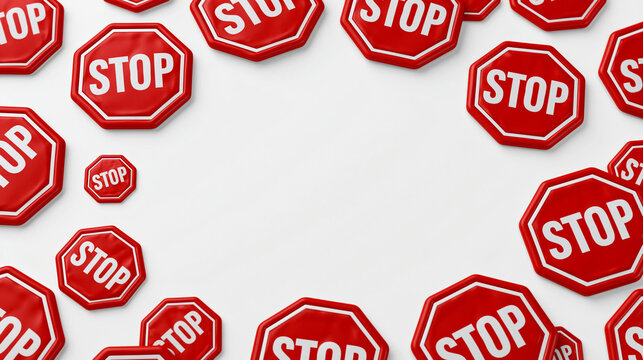 Stop Signs Collage: A dynamic collage of red stop signs arranged in a scattered pattern, creating a visually striking composition that conveys a message of halting or prohibition.