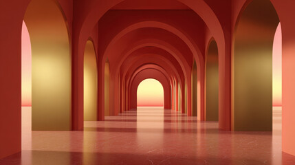 Naklejka premium Symmetrical hall with tall arch and column in red interior, warm light, reflective floor, and perspective toward glowing archway
