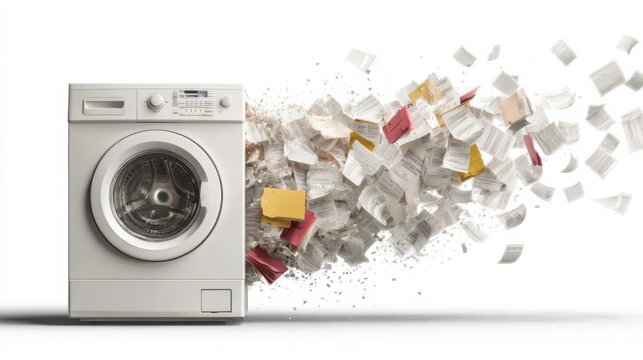 A white washing machine creatively depicted to symbolize organization or cleanliness of paperwork. Papers, folders, and debris are shown exploding outwards from the machine.