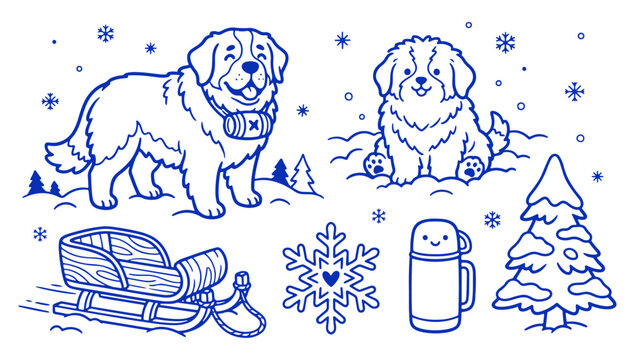 Winter illustration of dogs, sled, thermos, and snowflakes in blue line art style